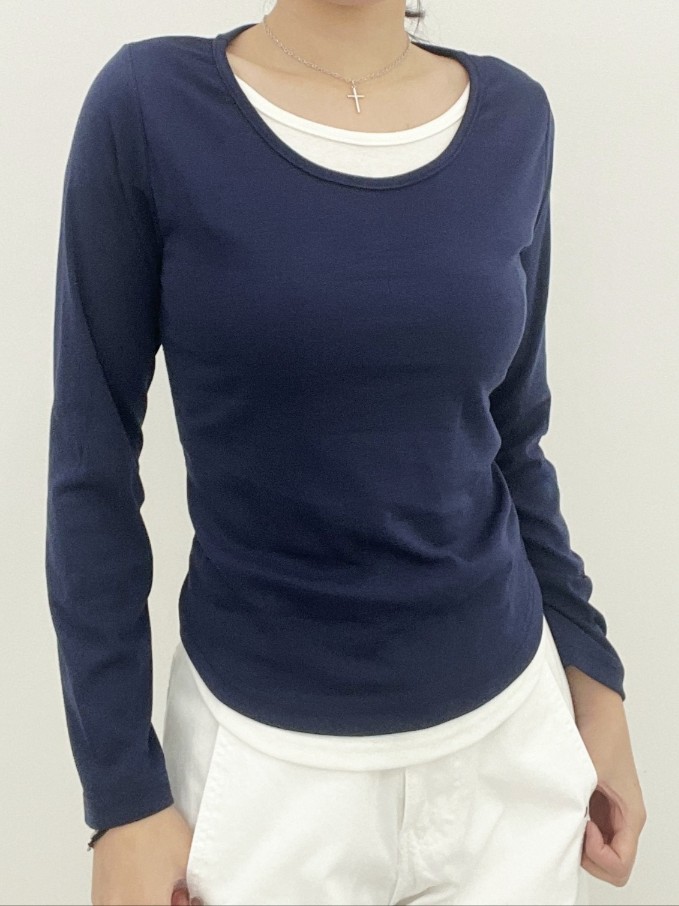 1+1 페이크레이어드 긴팔배색티셔츠 라운드세미크롭 데일리기본티셔츠 - 상세 이미지 3
