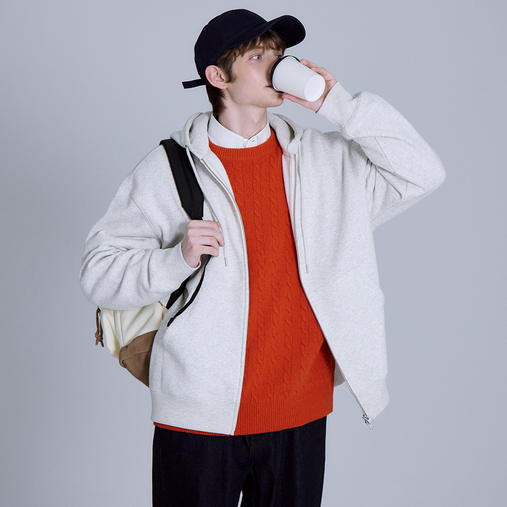 베이직하우스 공용 플리스프렌치테리 후드 지퍼 점퍼