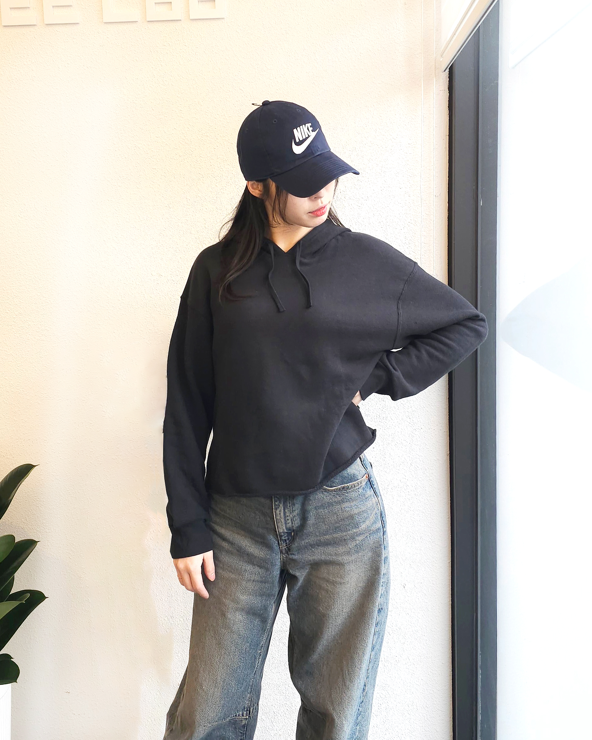 나이키 여성 와플니트 오버핏 크롭 후드 티셔츠 요가복 상의 DV7285블랙, L 이미지 8