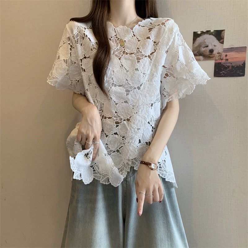 레이스 셔츠 느슨한 우아한 프릴 데일리룩 여성을위한 복고풍 여성용 블라우스 슬리브 화이트 M - 상품 이미지