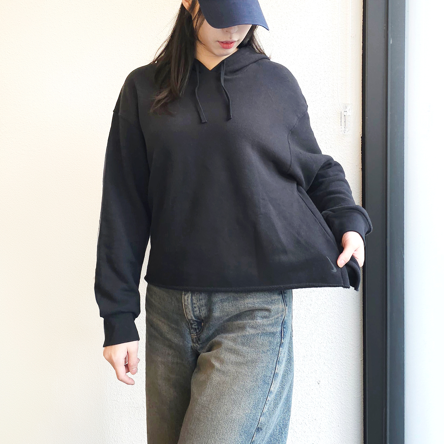 나이키 여성 와플니트 오버핏 크롭 후드 티셔츠 요가복 상의 DV7285블랙, XL