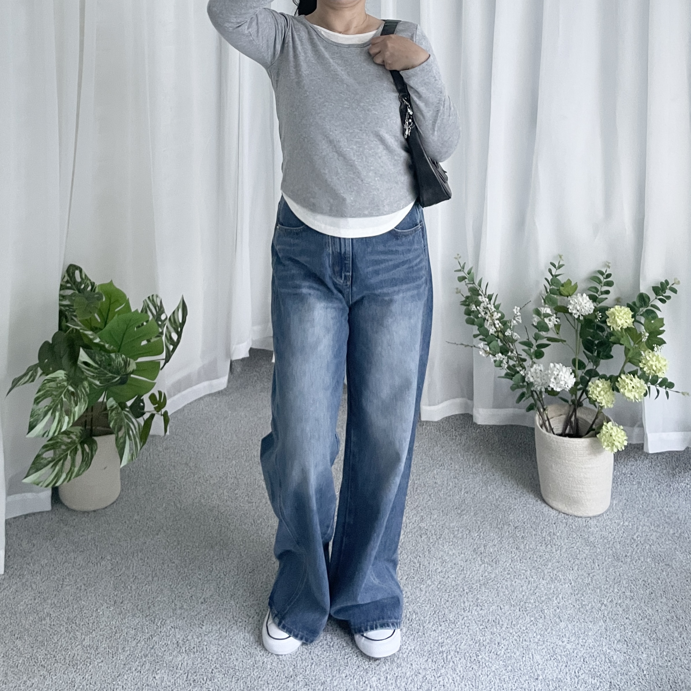 1+1 페이크레이어드 긴팔배색티셔츠 라운드세미크롭 데일리기본티셔츠 - 상세 이미지 5