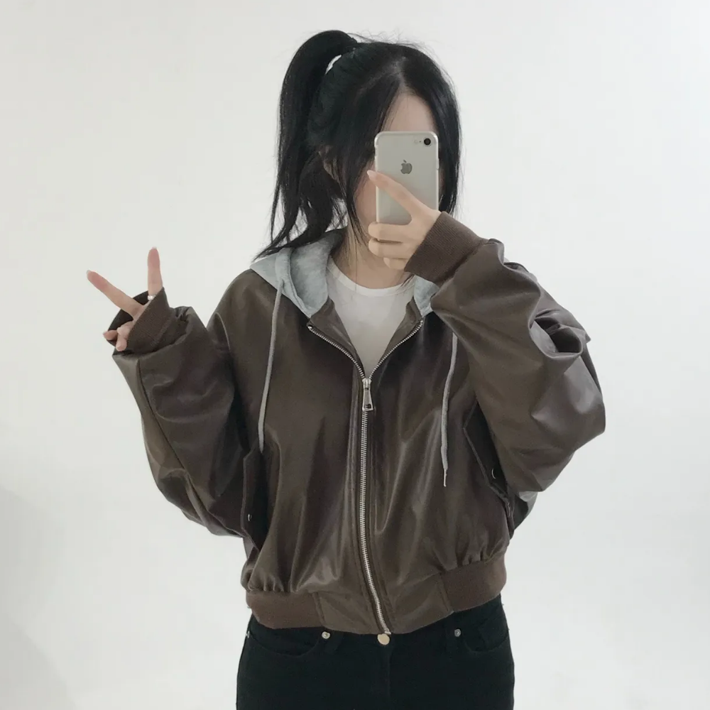 자체제작 호댕몰 2color 후드 레더 가죽자켓 여성용 - 상세 이미지 4
