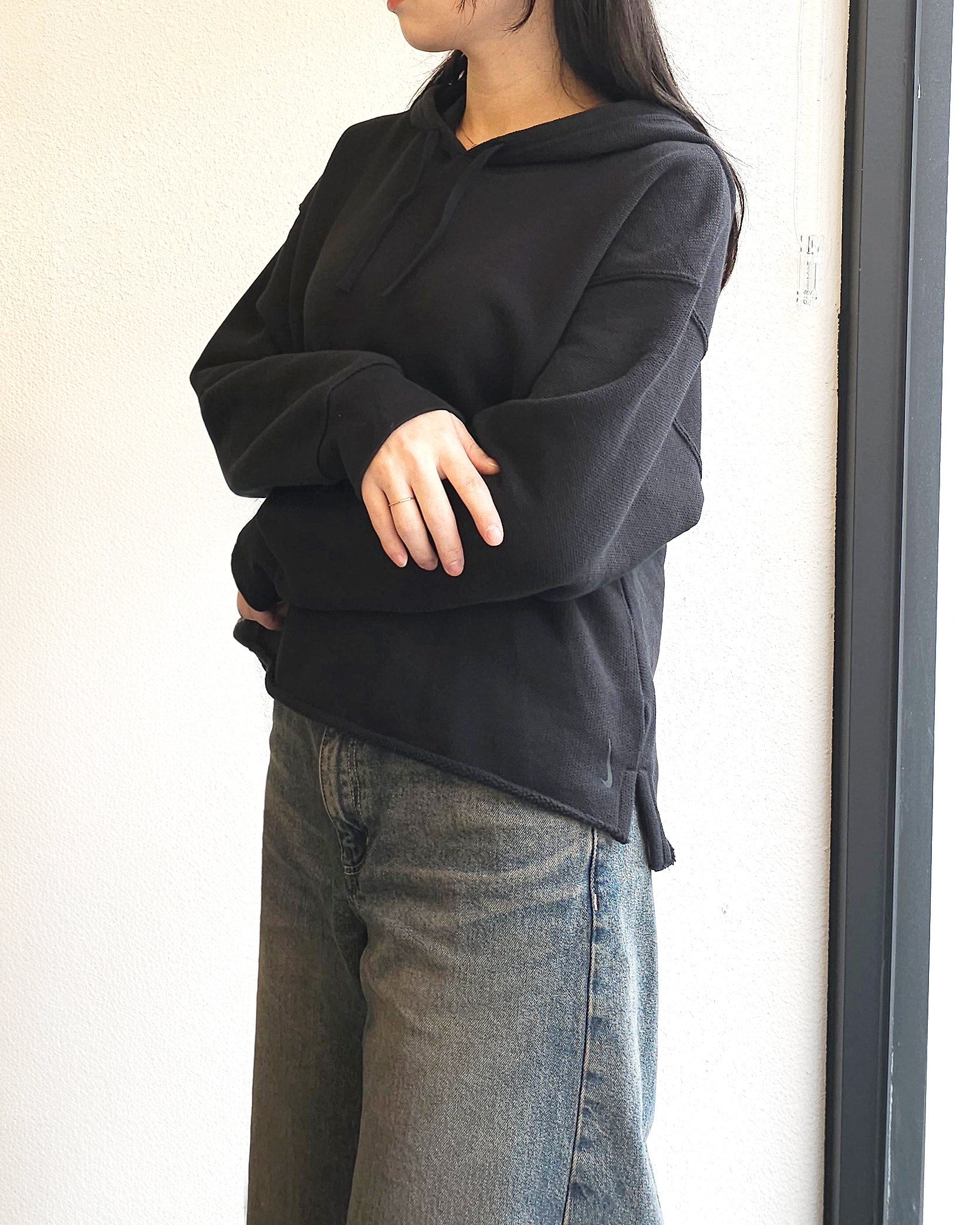 나이키 여성 와플니트 오버핏 크롭 후드 티셔츠 요가복 상의 DV7285블랙, S - 상세 이미지 5