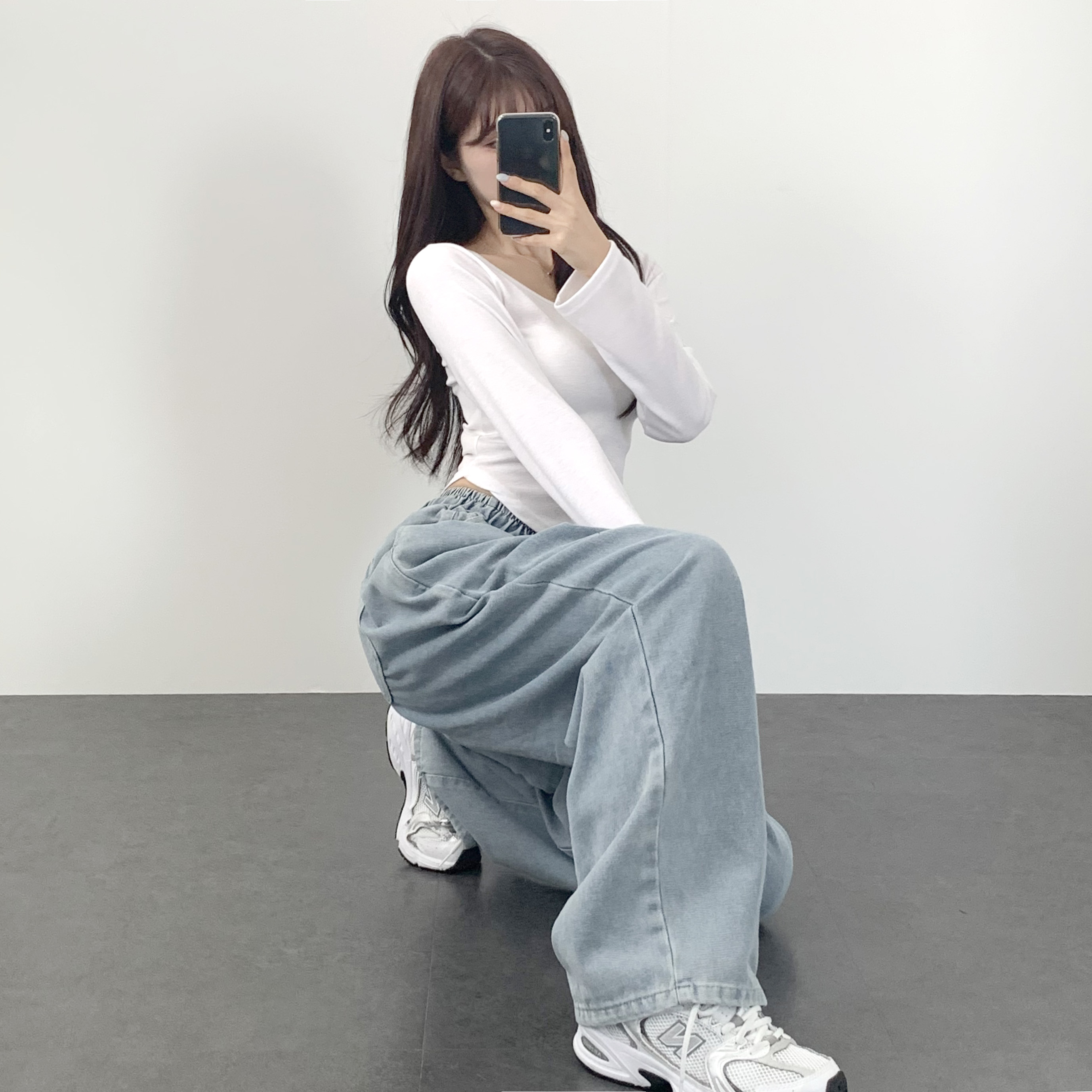 여성용 과망워싱 와이드 데님 청바지 팬츠 - 상세 이미지 2