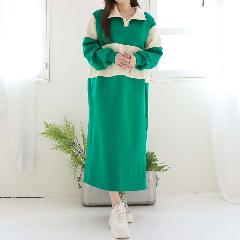 컬러배색 카라 기모롱원피스 임부복 홈웨어 겨울 오버핏 제품 이미지