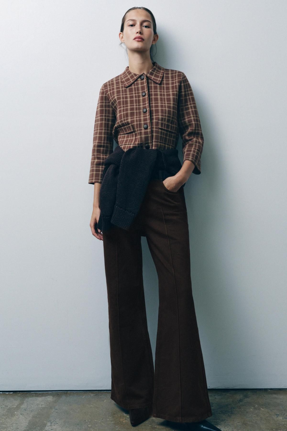 자라 브라운 체크 레더 버튼 크롭 가디건 4192/145 BROWN / ECRU - 상세 이미지 2