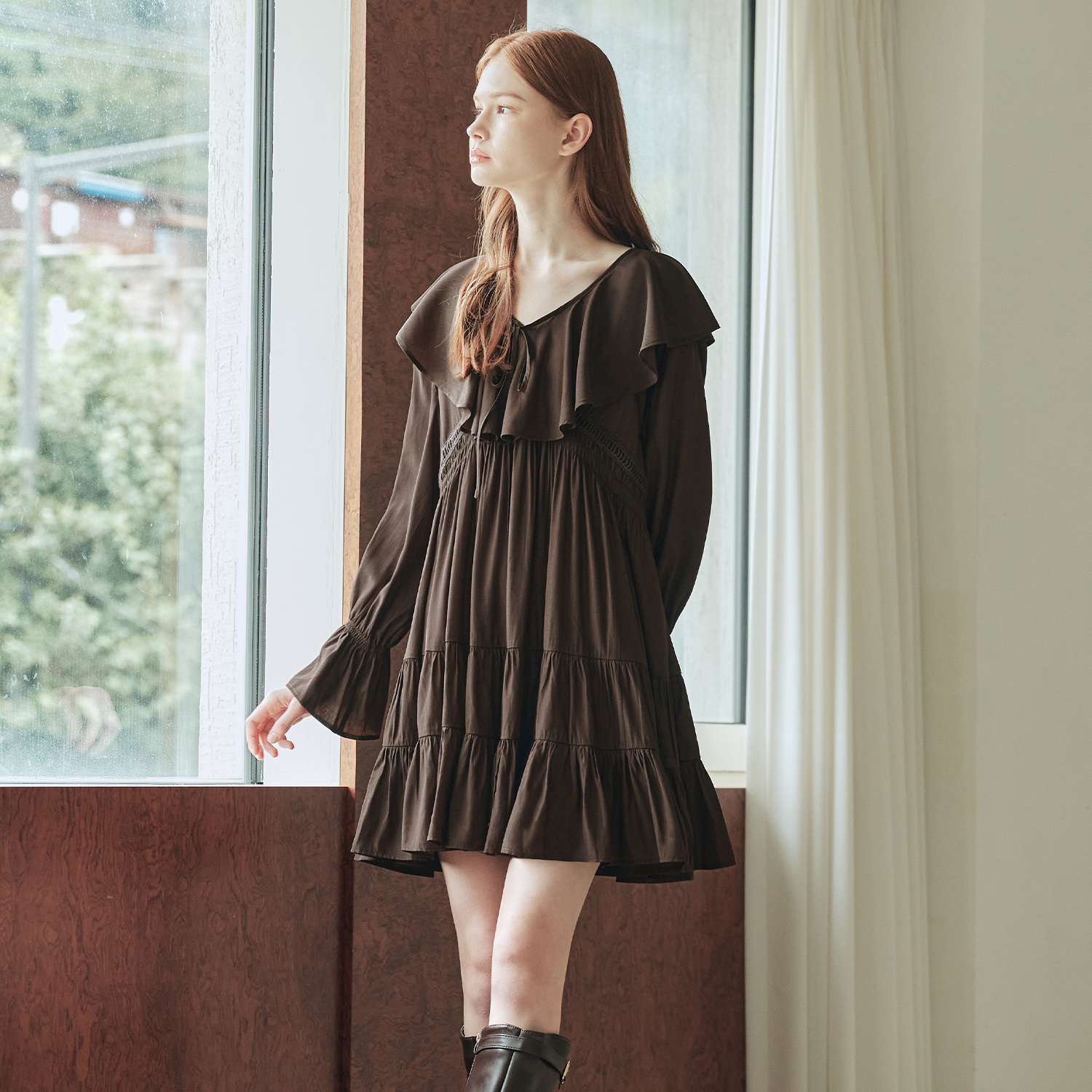 [슈퍼적립][제로스트릿] 세피아 프릴 원피스 SEPIA FRILL ONE-PIECE / BROWN - 상세 이미지 3