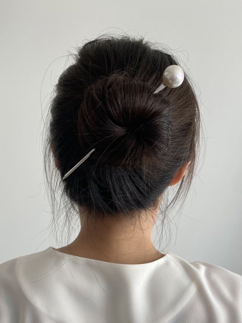 메탈 진주 빅 일자 비녀 뒤꽂이 올림머리 업스타일 - 상품 이미지