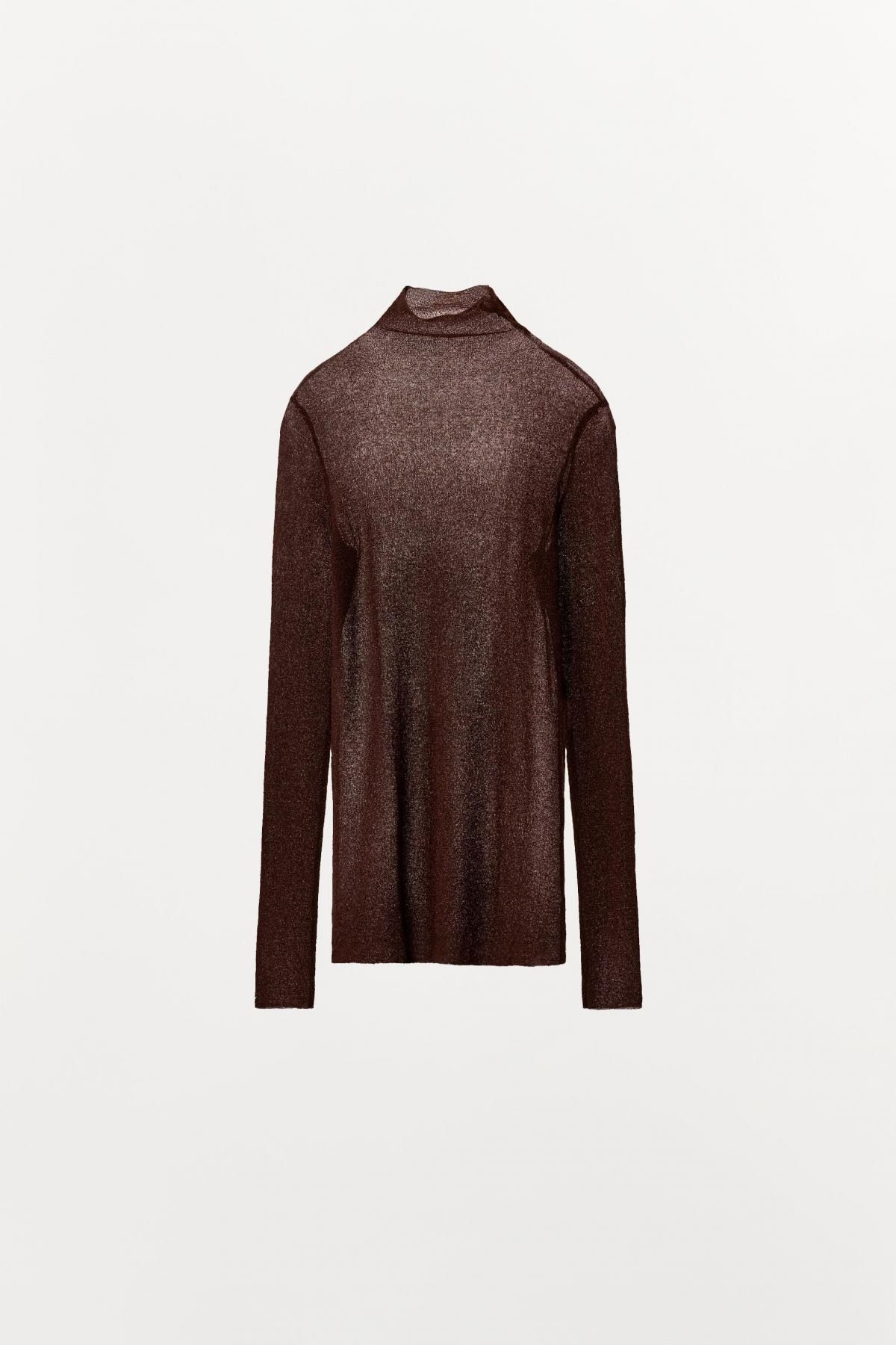 자라 메탈릭 하이넥 시스루 니트 탑 8779/617 BROWN - 메인 이미지