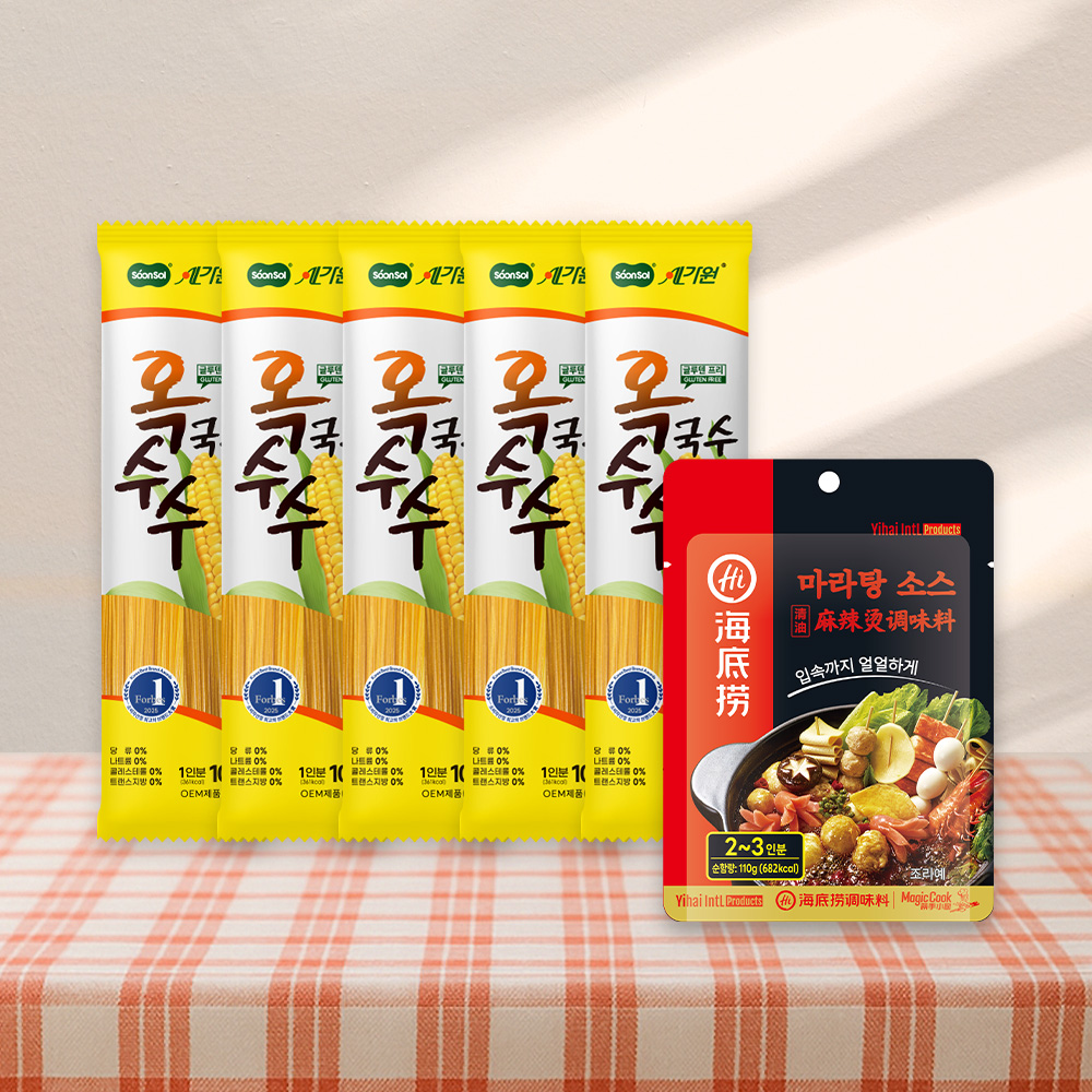 [순솔X하이디라오] 순솔가원 100% 옥수수국수 100g 5봉 X 하이디라오 마라탕 소스 110g - 상품 이미지