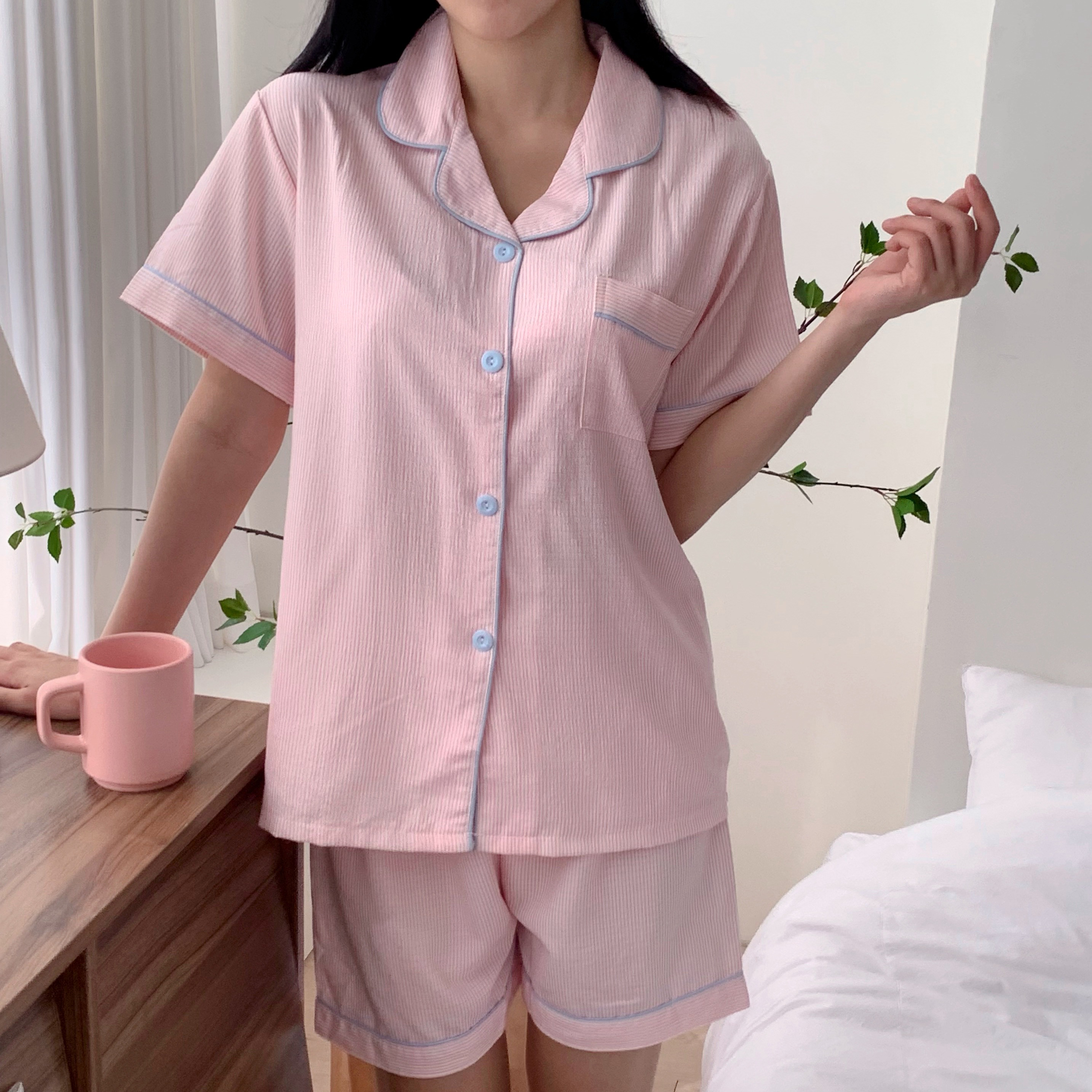 여성 여자 스트라이프 여름 반팔 파자마 홈웨어 잠옷 반바지 세트 4color - 상세 이미지 5