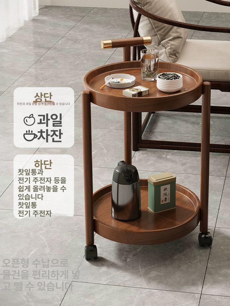 원형 원목 트롤리 우드 웨건 2단 나무 이동식 카트 2단 원형 받침대 사이드 테이블 - 상세 이미지 2