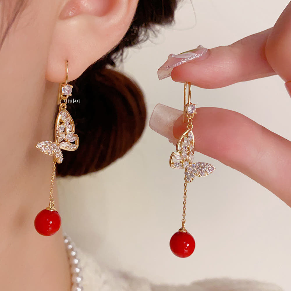 14K 레드 볼 큐빅 나비귀걸이 러블리 화려한 롱 이어링 - 상품 이미지