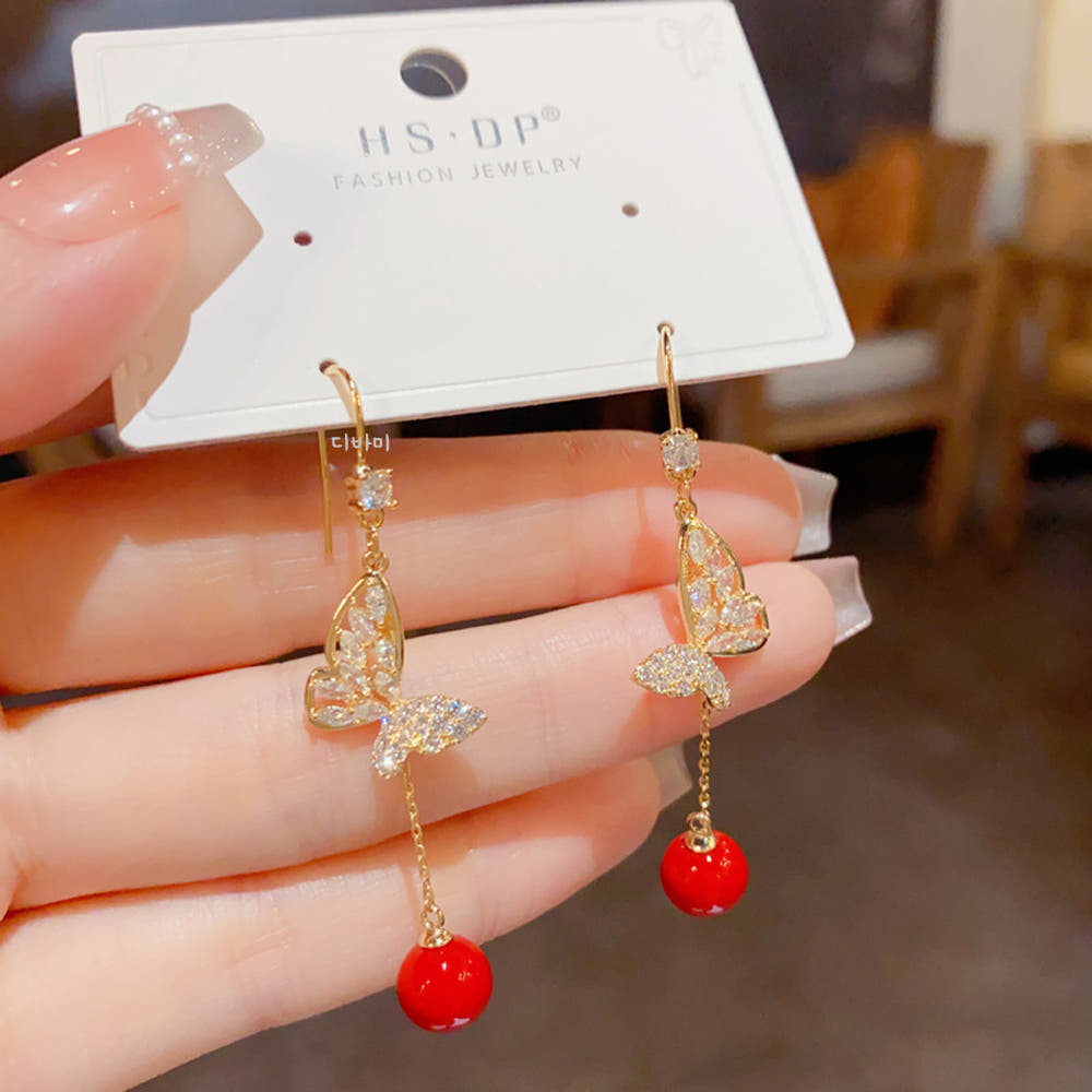 14K 레드 볼 큐빅 나비귀걸이 러블리 화려한 롱 이어링 - 상세 이미지 4