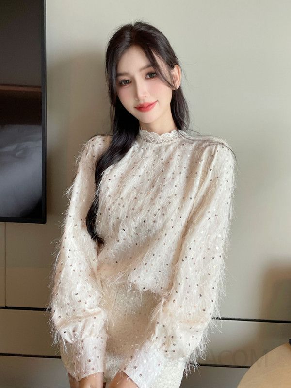 여성 가을 라운드넥 쉬폰 블라우스 태슬 스팽글 디자인 긴팔 셔츠 고급스러운 비즈니스룩 하객룩 스타일링 쉬운 편안한 착용감 - 상세 이미지 2