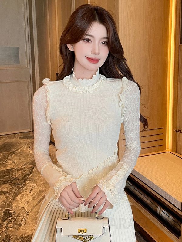 레이스 긴팔 블라우스 여성 가을 빈티지 스타일 루즈핏 레이어드 가능한 베이지 컬러 데일리 셔츠 편안한 착용감 캐주얼룩 데이트룩 여성스러운 디자인 - 상세 이미지 3