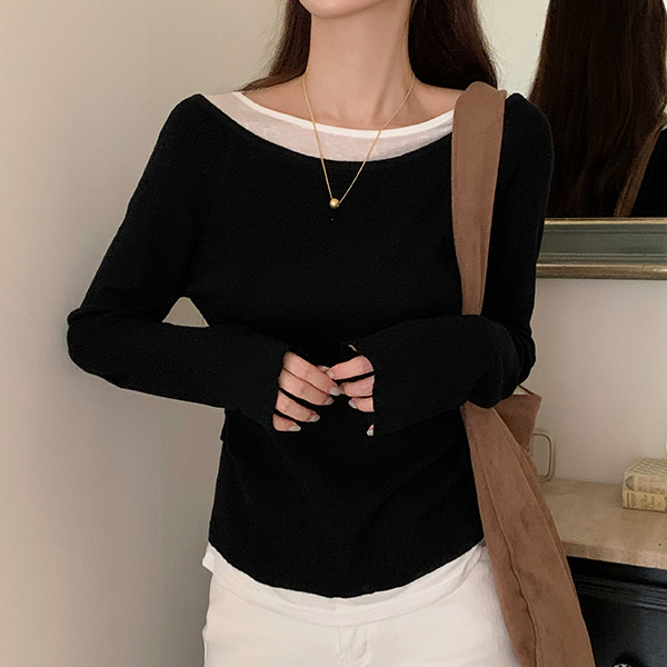 보트넥 배색 레이어드 긴팔 티셔츠 ts4710 - 상품 이미지