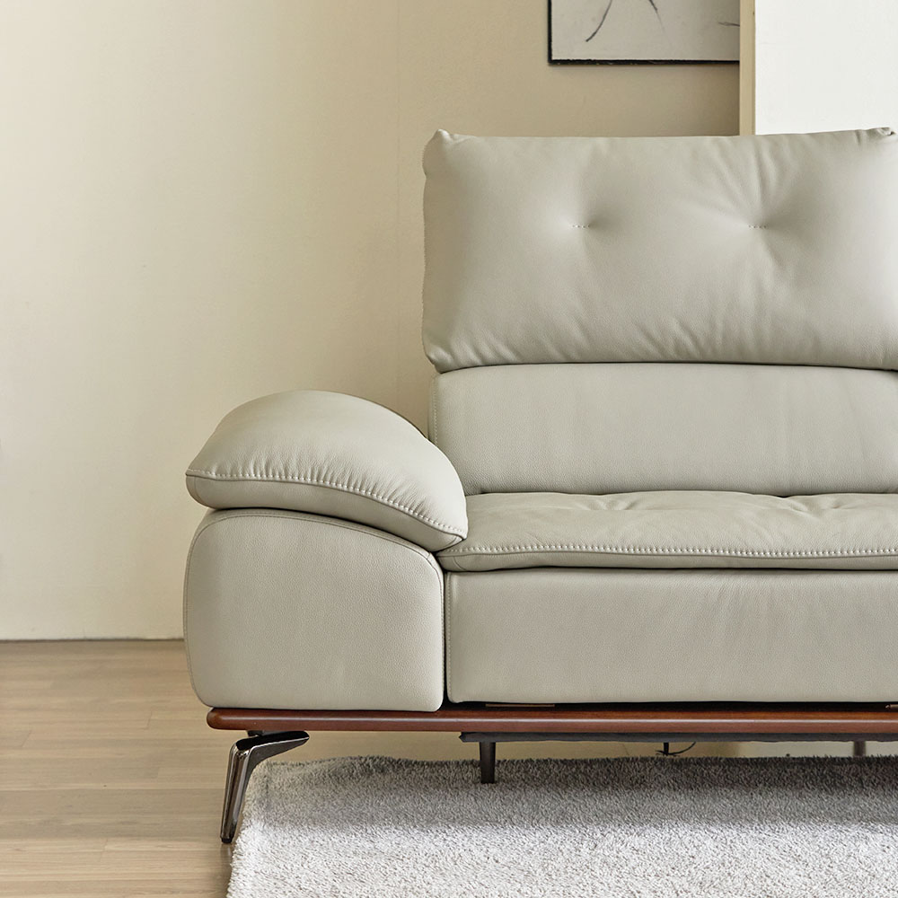 레노아 전동 리클라이너 슬라이딩 천연 가죽 소파 스툴미포함, 라이트그레이, 4인용