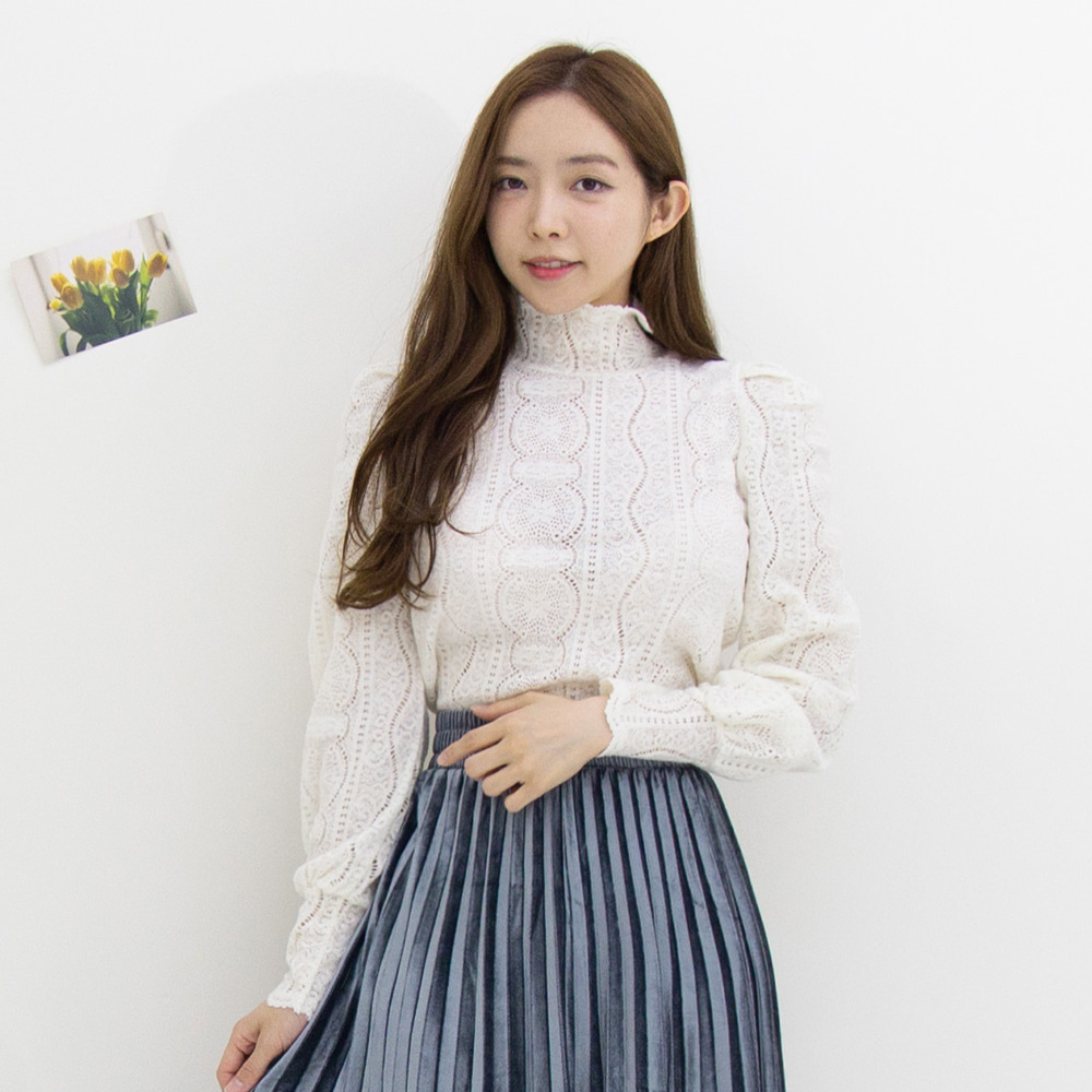 반목 퍼프 기모 레이스 셔링티셔츠 레이어드 시스루 하객 가을겨울 제품 이미지