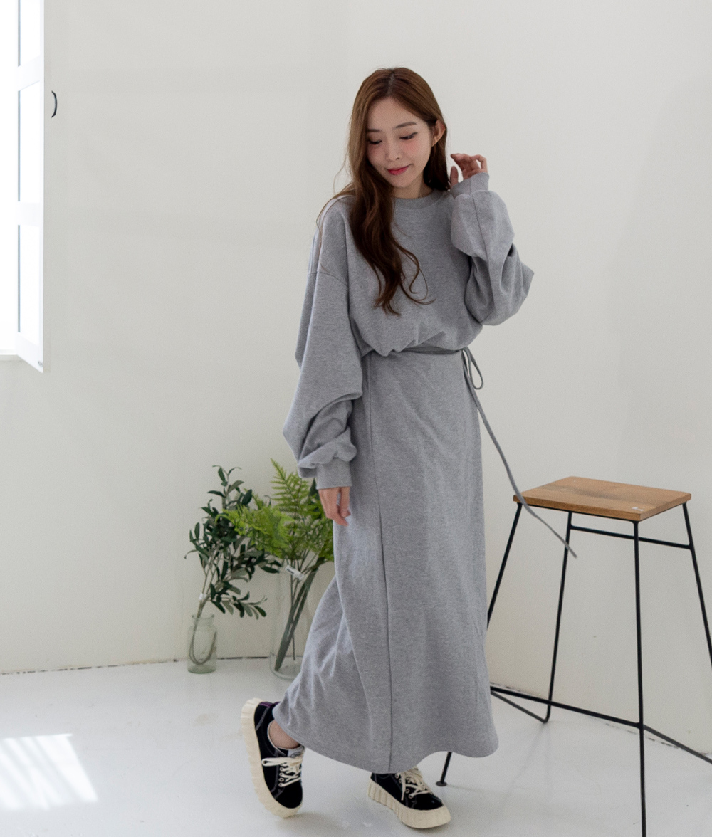 무지 맨투맨 맥시롱 라운드 H라인 랩원피스 캐주얼룩