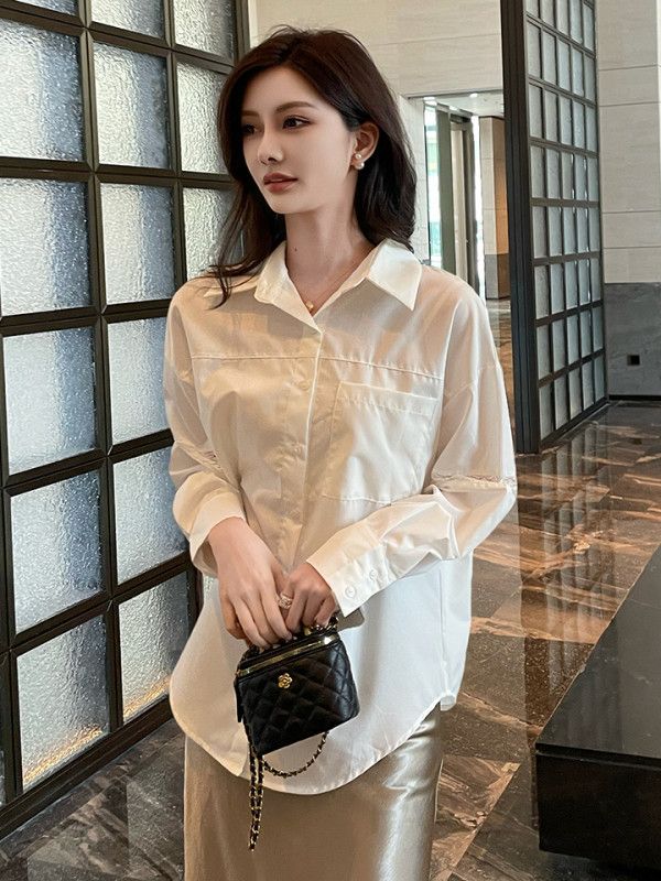레이스 패치워크 루즈핏 긴팔 셔츠 여성 가을 블라우스 스타일링 쉬폰 소재의 고급스러운 디자인 데일리 캐주얼 재킷 활용 가능한 편안한 착용감 - 상세 이미지 4