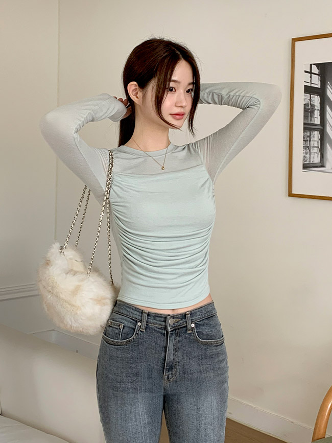 셔링 레이어드 슬림 긴팔 티셔츠 ts4697 - 상세 이미지 2