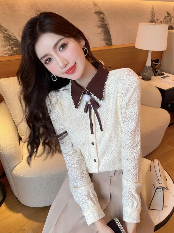 여성 라펠 레이스 긴팔 셔츠 가을 출퇴근용 우아한 스타일 데일리 블라우스 캐주얼 레이어드 이너로 활용 가능한 모던한 디자인 - 상세 이미지 2