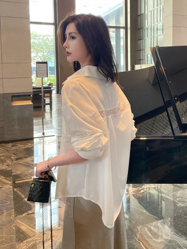 레이스 패치워크 루즈핏 긴팔 셔츠 여성 가을 블라우스 스타일링 쉬폰 소재의 고급스러운 디자인 데일리 캐주얼 재킷 활용 가능한 편안한 착용감 - 상세 이미지 3