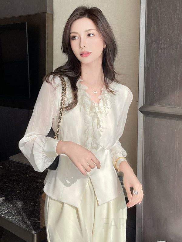 가을 여성용 브이넥 쉬폰 블라우스 슬림핏 깃털 패치워크 디자인 통근용 긴팔 상의 스타일리시한 코디네이트를 위한 고급스러운 아이템 - 상세 이미지 5