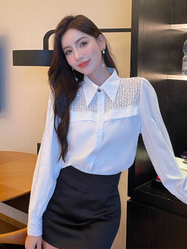 흰색 여성 퍼프 슬리브 블라우스 가을 스타일 루즈핏 시크한 프랑스 디자인 데일리 여성 의류 고급스러운 착용감 - 상세 이미지 2