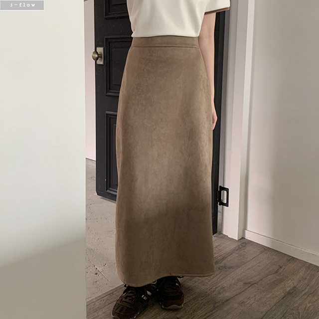 론치 스웨이드 뒷밴딩 H라인 맥시 롱 스커트 2col 가을 봄 뒷트임 스판 제이플로우 - 상세 이미지 2