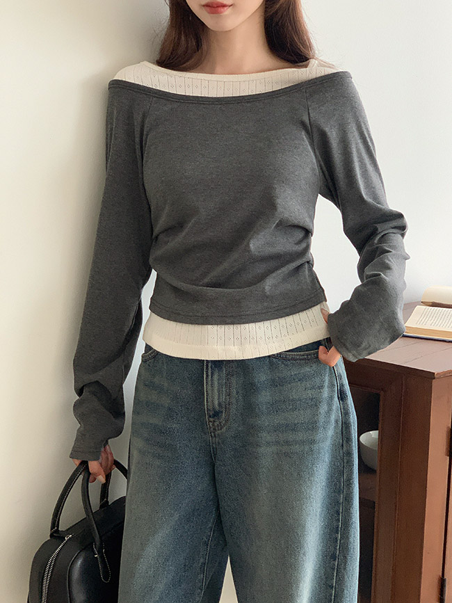 펀칭 보트넥 배색 레이어드 긴팔 티셔츠 ts4723 - 상세 이미지 2