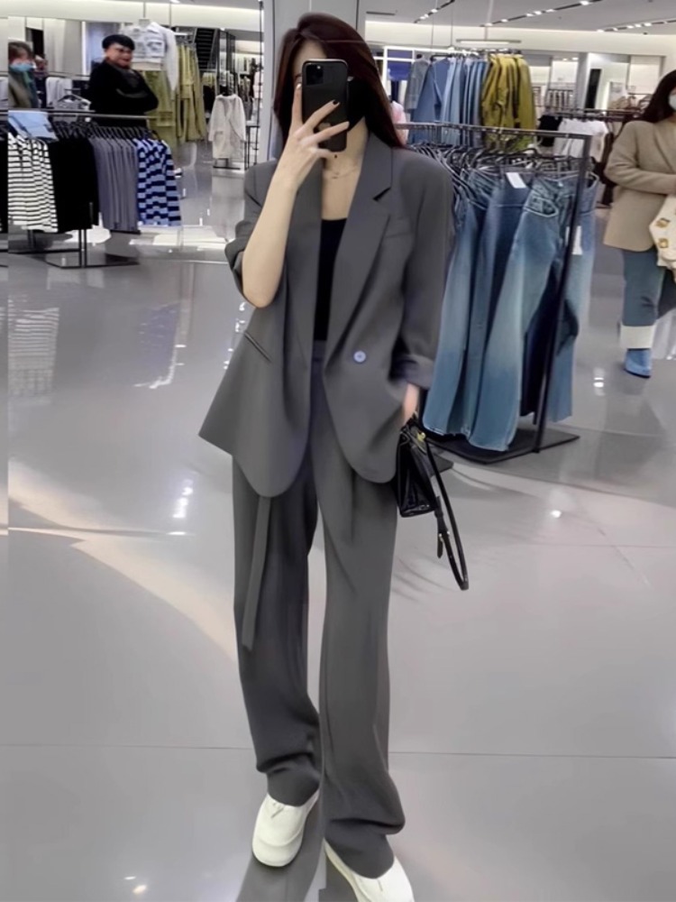 여성용 블레이저 그레이 세미 정장 투피스 감각 옷깃 여성정장 여자정장 오피스룩 투피스정장 그레이 블레이저와 바지 세트 S - 상세 이미지 4