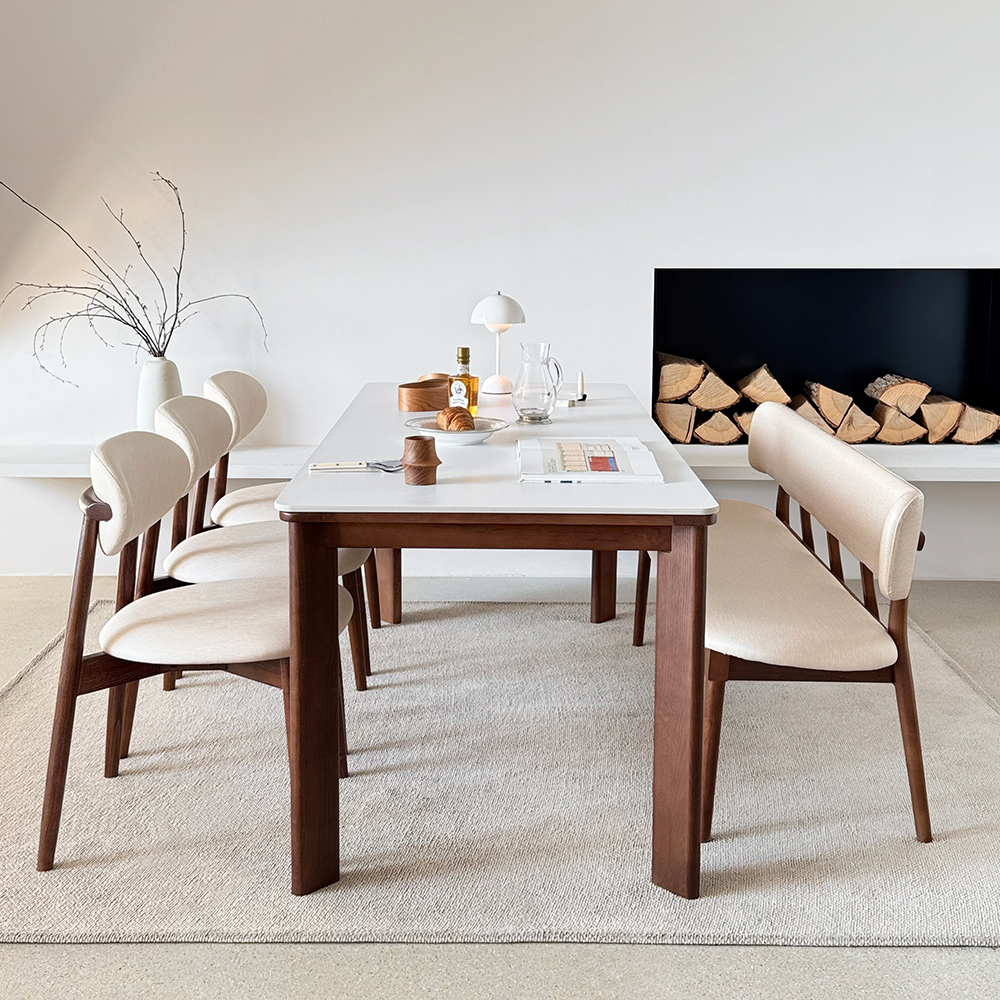 고디 세라믹식탁 세트 6인용 원목 식탁+의자3+벤치1, 1800mm, 브라운