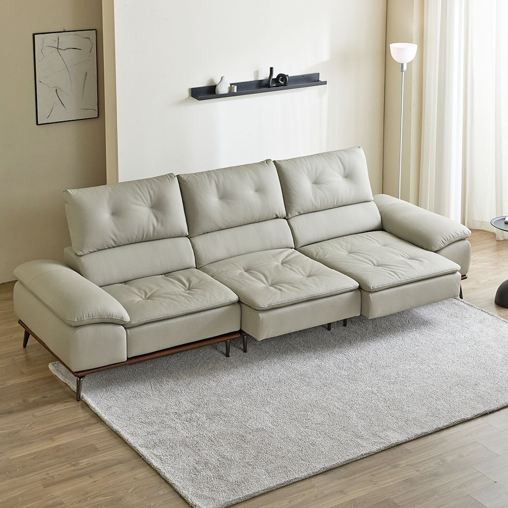 레노아 전동 리클라이너 슬라이딩 천연 가죽 소파 스툴미포함, 라이트그레이, 4인용