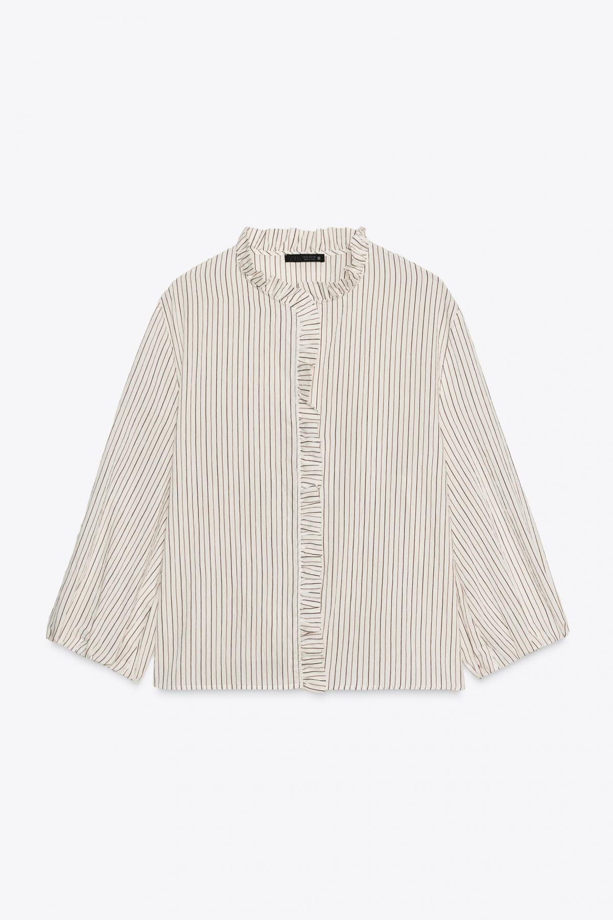 자라 스트라이프 러플 브이넥 셔츠 3666/171 ECRU / BROWN - 메인 이미지