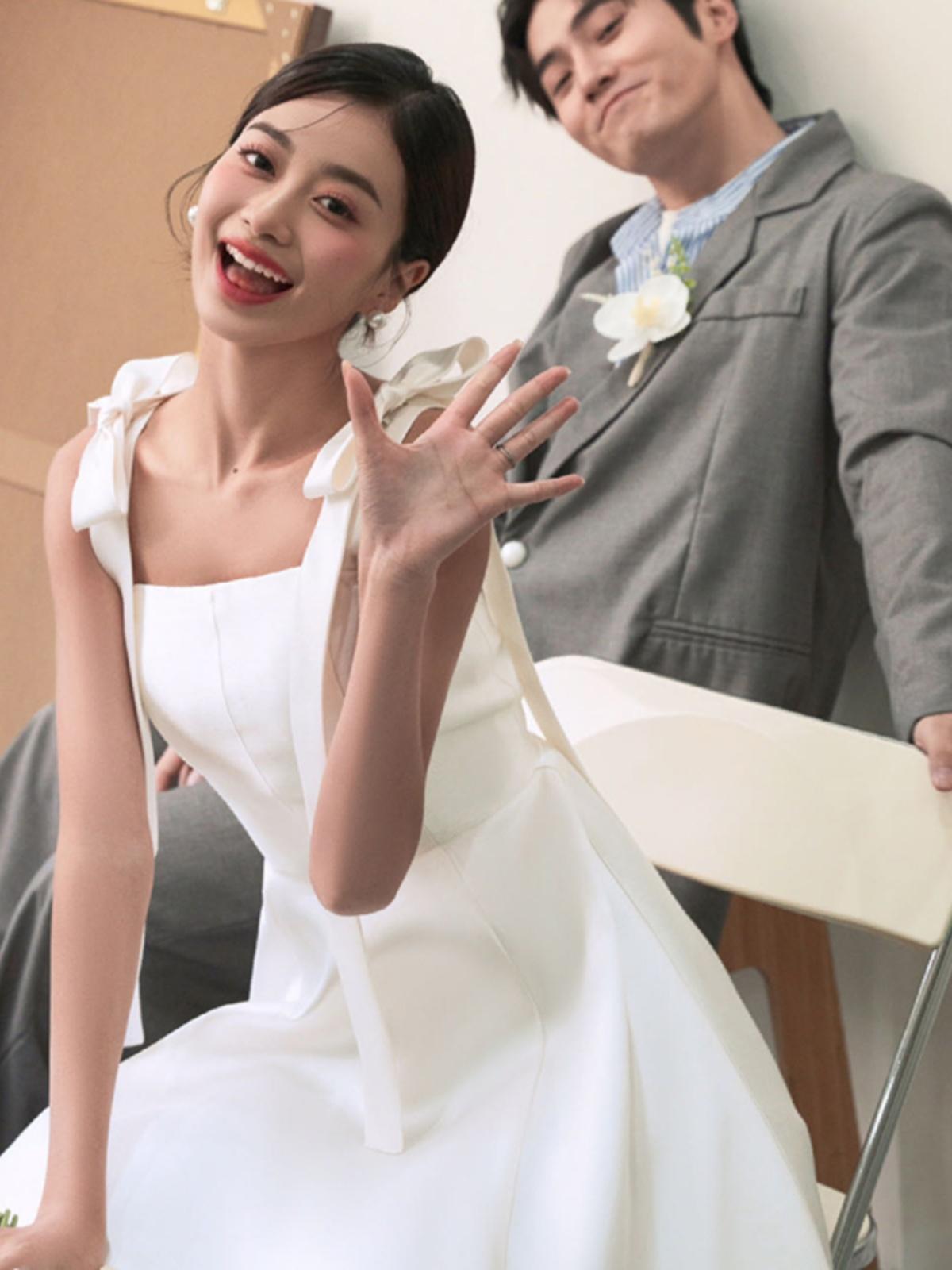 리본드레스 셀프웨딩 스냅촬영 프렌치 브라이덜샤워  화이트 XS - 상품 이미지
