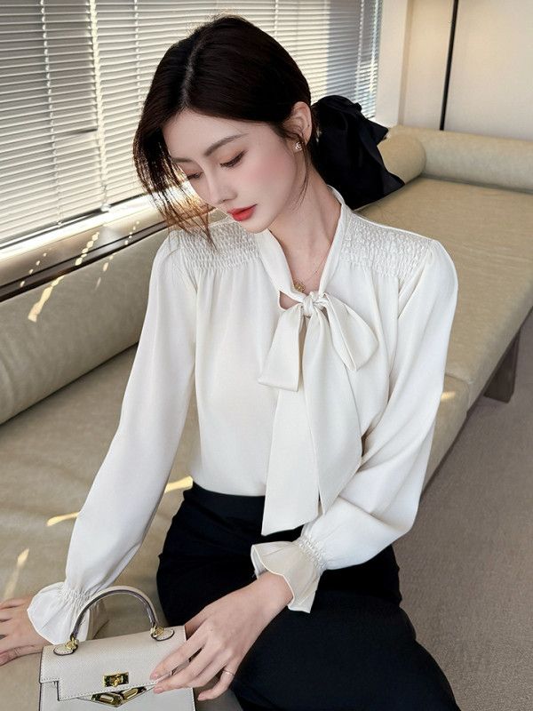 여성용 고급 새틴 리본 블라우스 가을 긴팔 쉬폰 셔츠 루즈핏 세련된 하객룩 스타일링 고급스러운 착용감 이미지 6