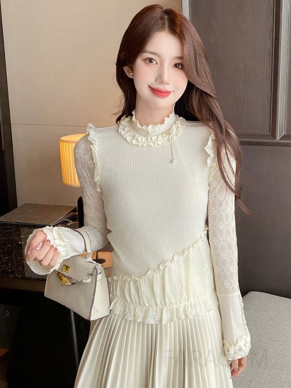 레이스 긴팔 블라우스 여성 가을 빈티지 스타일 루즈핏 레이어드 가능한 베이지 컬러 데일리 셔츠 편안한 착용감 캐주얼룩 데이트룩 여성스러운 디자인 - 상세 이미지 5
