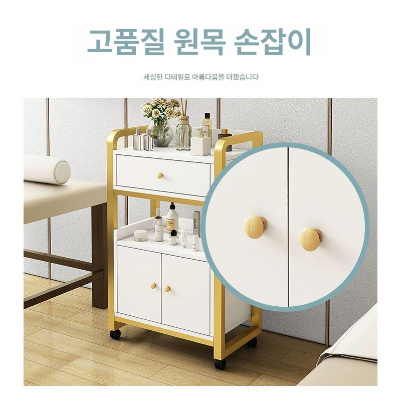 미용 트롤리 뷰티 반영구 선반 네일샵 웨건 다용도 서랍 병원 피부샵 수납 서빙 무빙 이동식 양문일서 금속프레임 따뜻한 화이트 공식 표준 사양 44x34x80cm - 상세 이미지 4
