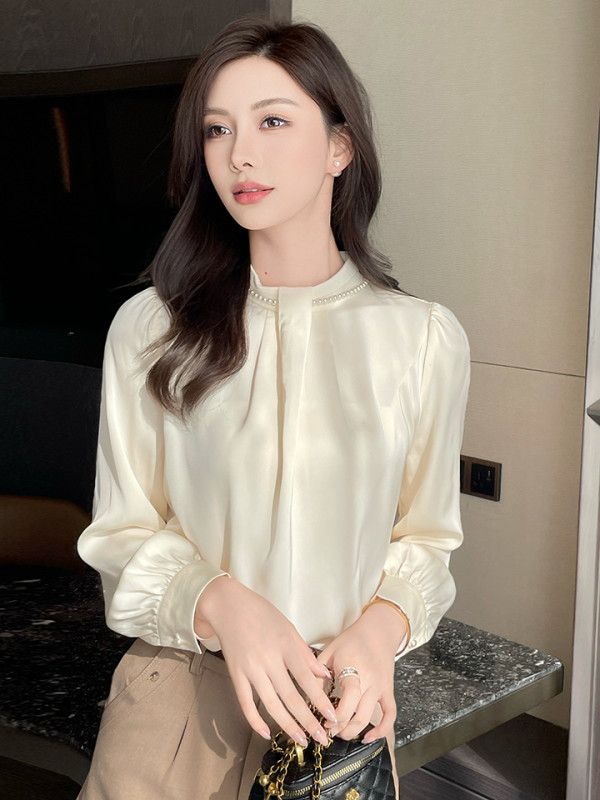 가을 진주 장식 쉬폰 블라우스 여성용 루즈핏 라운드넥 스타일 레트로 감각 고급스러운 디자인 하객룩용 - 상세 이미지 4