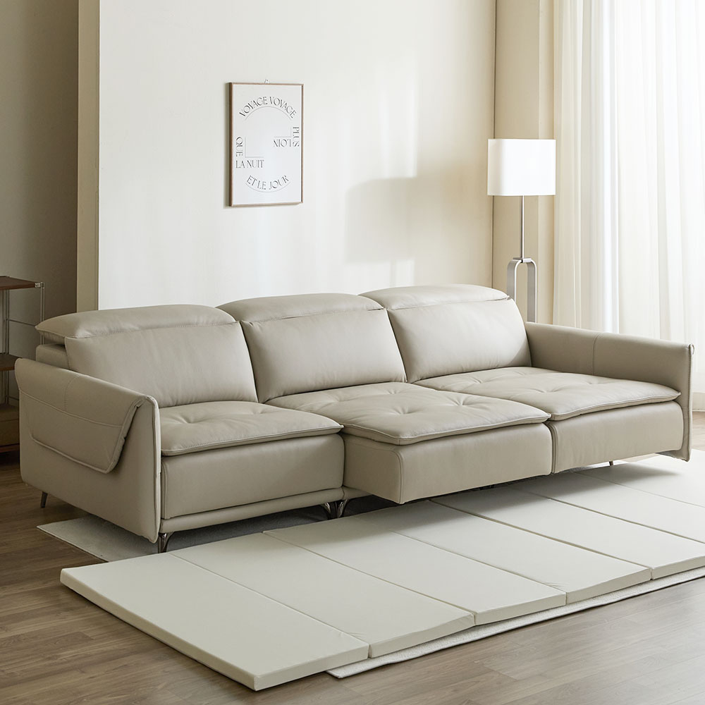 라모네 전동 리클라이너 슬라이딩 천연 가죽 소파 스툴미포함, 베이지, 4인용