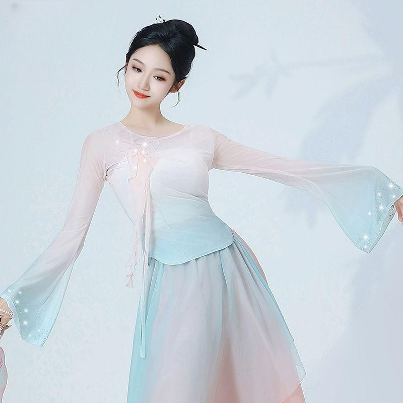 무용치마바지 한국무용 와이드 댄스 팬츠 쉬폰 연습복 S1282 핑크그린 그라데이션 상의 S - 상품 이미지