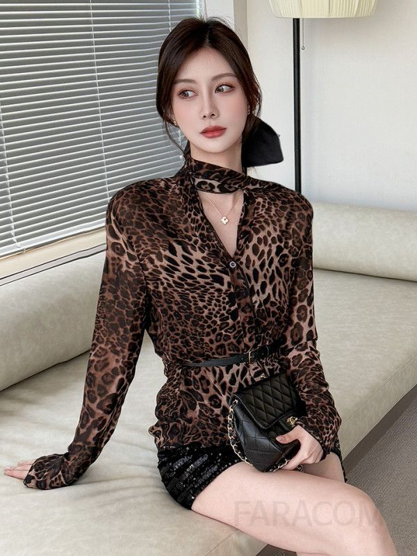 여성 쉬폰 브이넥 셔츠 트럼펫 소매 레오파드 프린트 루즈핏 가을 스타일링 시스루 블라우스 캐주얼한 착용감 데일리 패션 - 상세 이미지 3
