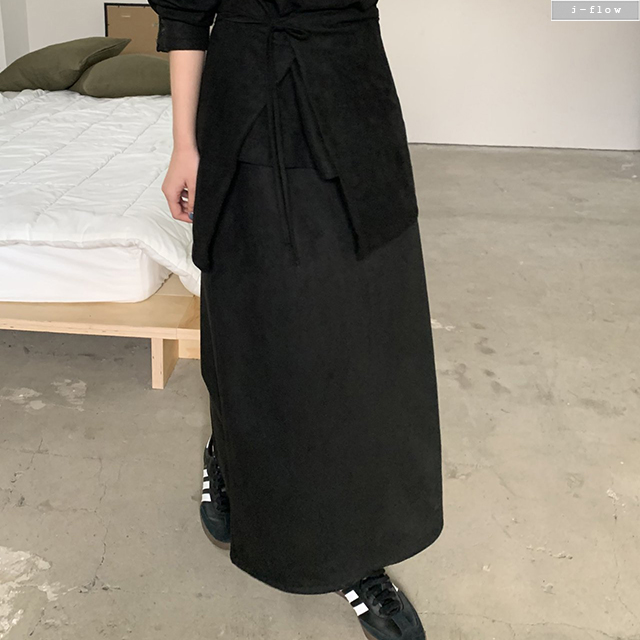 론치 스웨이드 뒷밴딩 H라인 맥시 롱 스커트 2col 가을 봄 뒷트임 스판 제이플로우 이미지 6