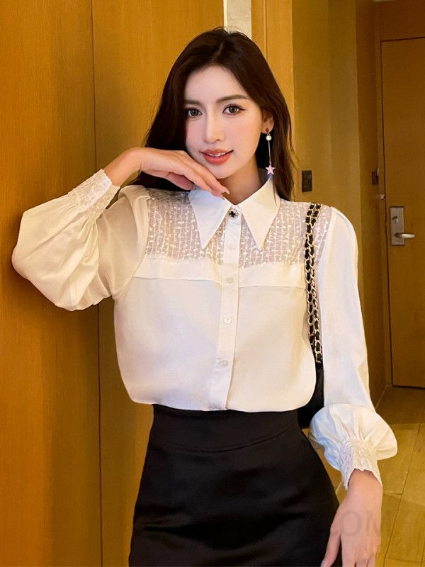 흰색 여성 퍼프 슬리브 블라우스 가을 스타일 루즈핏 시크한 프랑스 디자인 데일리 여성 의류 고급스러운 착용감 - 상세 이미지 4