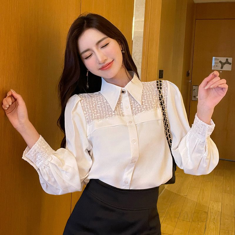 흰색 여성 퍼프 슬리브 블라우스 가을 스타일 루즈핏 시크한 프랑스 디자인 데일리 여성 의류 고급스러운 착용감 - 상품 이미지