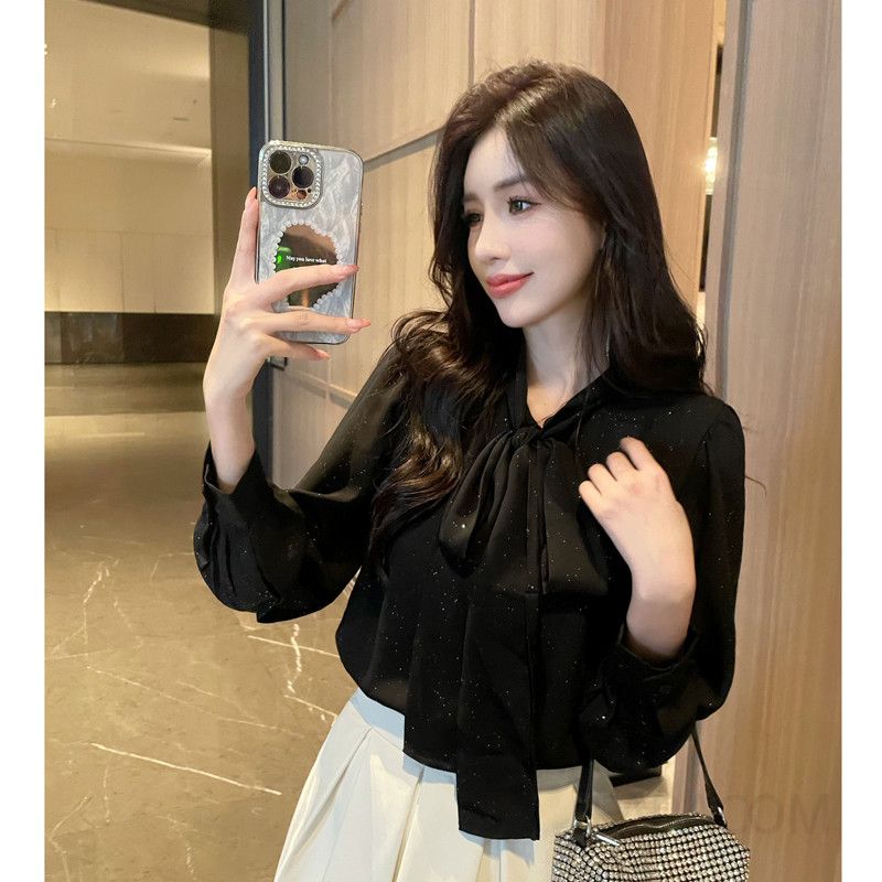 여성 가을 긴팔 쉬폰 셔츠 리본타이 블라우스 고급스러운 디자인 전문가용 데일리 스타일 하객룩 코디 추천 이미지 7