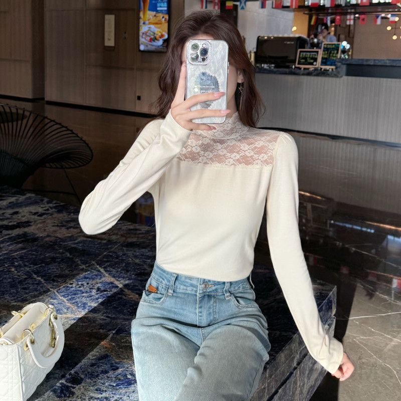 여성 긴팔 레이스 티셔츠 가을용 스티칭 디자인 데일리 스타일 통기성 좋은 캐주얼 탑 모던한 착용감 편안한 출근룩 - 상세 이미지 2